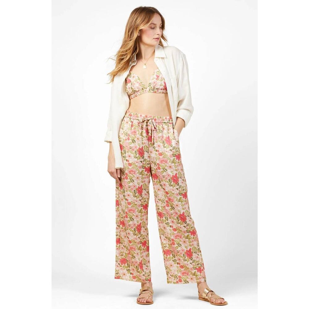 NWT Outerknown Marlow Floral Pull On High Rise Drawstring Wide Leg Pants Pink S
